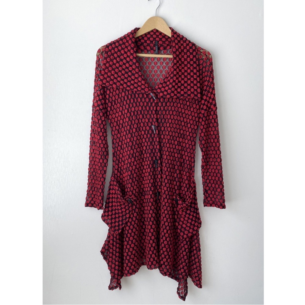 IC Connie K Polka Dot Mesh Asymmetric Hem Artsy Collared Button Blouse